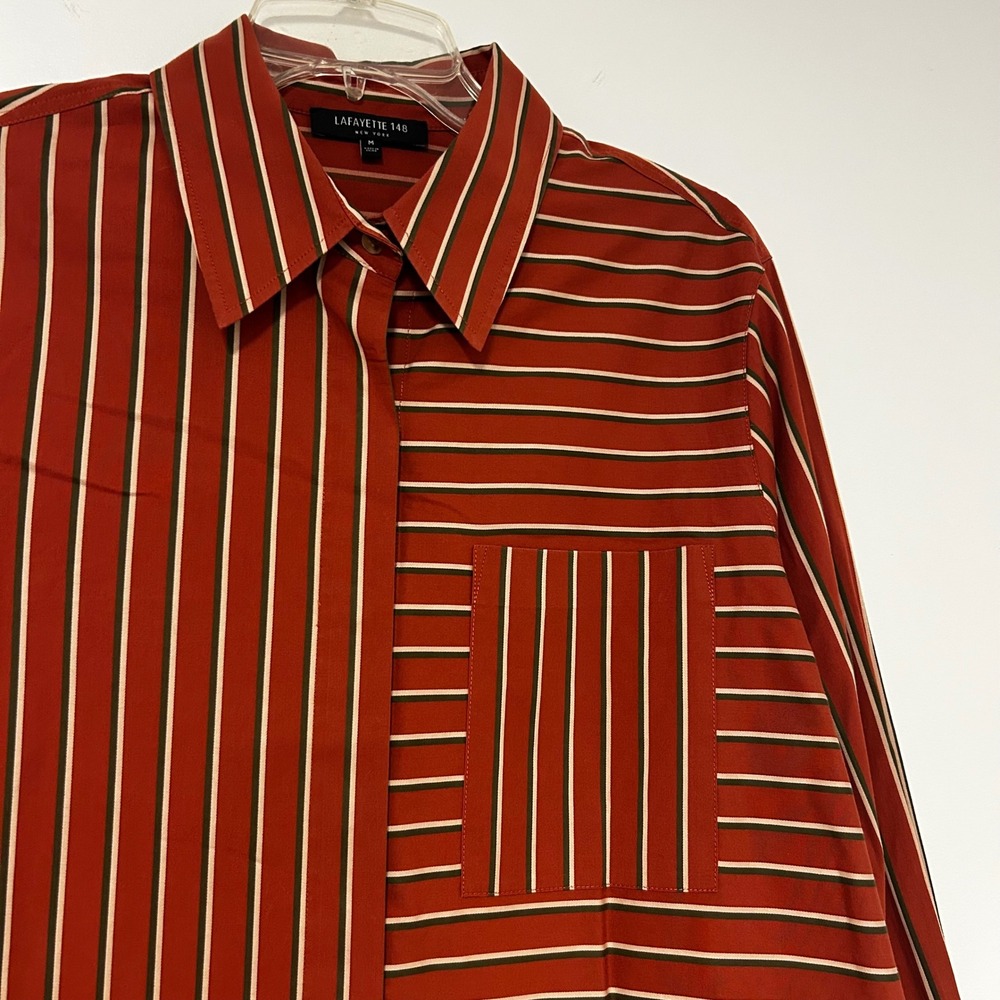 Lafayette 148 New York Women Medium Striped Cotton Button‎ Down Shirt Terracotta - Picture 2 of 8